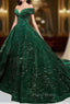 Dark Green Sequins Off Shoulder Ball Gown Sweet 16 Dresses, Dark Green Formal Prom Dresses