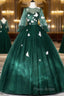 Dark Green Tulle Long Formal Prom Dresses, A-Line Long Sleeve Formal Party Dresses With Butterfly Appliques
