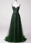 Dark Green Tulle With Lace Beaded Straps Formal Prom Dresses, Green Long Formal Dresses Party Dresses