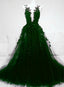 Dark Green Tulle With Lace Deep Neckline Backless Formal Prom Dresses, Dark Green Party Dresses