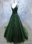 Dark Green V-Neckline Lace Applique Low Back Formal Dresses, Green Tulle Formal Prom Dresses