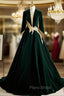Dark Green Velvet Long Sleeve Appliques Formal Prom Dresses
