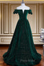 Dark Green Velvet Off Shoulder Long Party Dresses, Green A-line Formal Prom Dresses