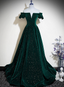 Dark Green Velvet Off Shoulder Long Party Dresses, Green A-Line Formal Prom Dresses