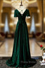 Dark Green Velvet Short Sleeve Open Back Beading Formal Prom Dresses