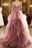 Dark Pink V-Neck Tulle Lace Formal Prom Dresses,Spaghetti Strap Formal Prom Dresses,Ruffle A Line Formal Dresses
