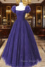Dark Purple Tulle Scoop A-line Long Formal Dresses, Dark Purple Evening Dresses Formal Prom Dresses