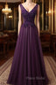 Dark Purple V-neckline Beaded Tulle Long Formal Dresses Purple Evening Dresses Formal Prom Dresses shops