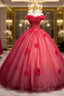 Dark Red Beading Formal Prom Dresses With Corset, Off The Shoulder Short Sleeve Floor-Length Party Dresses