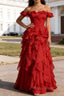 Dark Red Ruffled A-Line Square Neck Long Prom Dress
