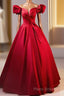Dark Red Satin Long Formal Prom Dresses, Off The Shoulder A-Line Formal Dresses