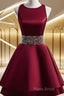 Dark Red Satin Short Two Layered Homecoming Dresses, O-Neckline Party Dresses, Short Formal Dresses