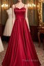 Dark Red Straps Beaded Sweetheart Satin Long Party Dresses, Wine Red Formal Prom Dresses