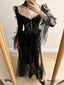 Dark Vintage Black Long Sleeve High-Slit Lace Tulle Formal Prom Dresses