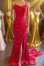 Straps Red Ruched Mermaid Long Prom Dresses