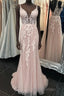 Deep V Neck Backless Pink Lace Long Formal Prom Dress, Long Pink Lace Formal Graduation Evening Dress