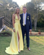 Deep V Neck Yellow A Line Long Formal Prom Dresses With Slit