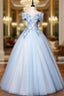 Discover The Latest Sky Blue Ball Gown Tulle Appliques Off the Shoulder Quinceanera Dresses
