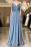Double-Strap Dusty Blue Velvet Long Bridesmaid Dresses