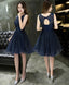 Dark Blue Lace Beading Short Prom Dress Dark Blue Evening Dress
