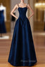 Dreamy Dark Blue Spaghetti Straps Satin Formal Prom Dresses