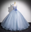 Dreamy Light Haze Blue Thin Strap 3D Floral Tulle Ball Gown Prom Dresses Sweet 16 Dresses