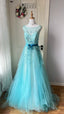 Dreamy Princess Blue A-Line Round Neck Sequined Tulle Long Formal Prom Dresses