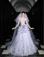Dreamy Purple Strapless 3D Floral Tulle Train Ball Gown Prom Dresses