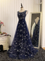 Dreamy Starry Sky Navy Blue A-Line Crew Neck Star-Patterned Tulle Train Formal Prom Dresses