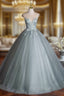 Dusty Green Tulle Floor Length Formal Prom Dresses with Lace, Elegant A-Line Formal Evening Dresses