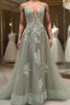 Dusty Sage Formal Prom Dress Plunging V Neck Appliques Lace-Up A-line Long Evening Gown