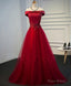 Burgundy Lace Tulle Long Prom Dress, Off Shoulder Evening Dress