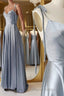Elegant A Line Gray Satin Long Formal Prom Dresses, Gray Formal Graduation Evening Dresses