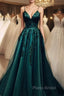 Elegant A Line Green Tulle Spaghetti Straps Appliques Formal Prom Dresses