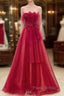 Elegant A Line Strapless Red Tulle Long Formal Prom Dresses