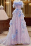 Elegant A Line Strapless Tulle Floral Formal Prom Dresses