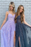 Elegant A Line V Neck Purple/Black Tulle Lace Long Formal Prom Dresses, Purple/Black Lace Formal Graduation Formal Evening Dresses