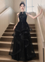 Elegant Black A-Line Halter Neck Chain Sequined Tulle Long Formal Prom Dresses