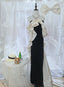 Elegant Black And White Color-Blocked Mermaid Strapless Velvet Satin Long Formal Prom Dresses
