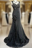 Elegant Black Mermaid Satin Beaded Sequin Long Formal Prom Dresses, Sweetheart Neck Evening Dresses
