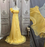 Elegant Bright Yellow A-Line One-Shoulder Ruched Floral-Appliqu¨¦ Chiffon Long Formal Prom Dresses