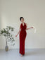 Elegant Burgundy Fitted Halter Neck Deep V-Neck Satin Long Formal Prom Dresses