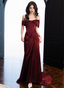 Elegant Burgundy Mermaid Off-The-Shoulder Ruffled Satin Train Formal Prom Dresses