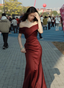 Elegant Burgundy Mermaid Off-The-Shoulder Satin Long Formal Prom Dresses
