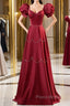 Elegant Burgundy Satin Long Formal Prom Dresses With Beaded, Burgundy Short Sleeve Evening Dresses