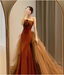 Elegant Caramel Brown Mermaid Strapless Tulle Satin Train Formal Prom Dresses