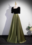 Elegant Color Block Black & Green Square Neck Short Sleeve Velvet Satin Long Formal Prom Dresses