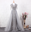 Elegant Court Grey Fringed Beaded Embroidered Tulle Train Formal Prom Dresses