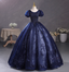 Elegant Court Navy Blue Crew Neck Puff Sleeve Embroidered Tulle Ball Gown Prom Dresses Sweet 16 Dresses