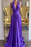 Elegant Halter Neck Backless Purple Long Formal Prom Dress, Backless Purple Formal Graduation Evening Dress
